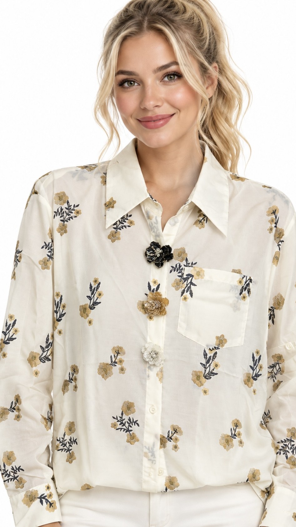 Blusa Floral con Broche