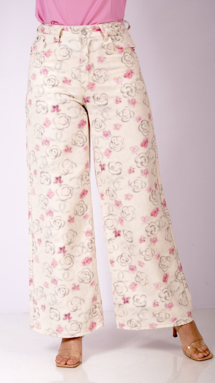 Pantalón Mezclilla Floral Rosa