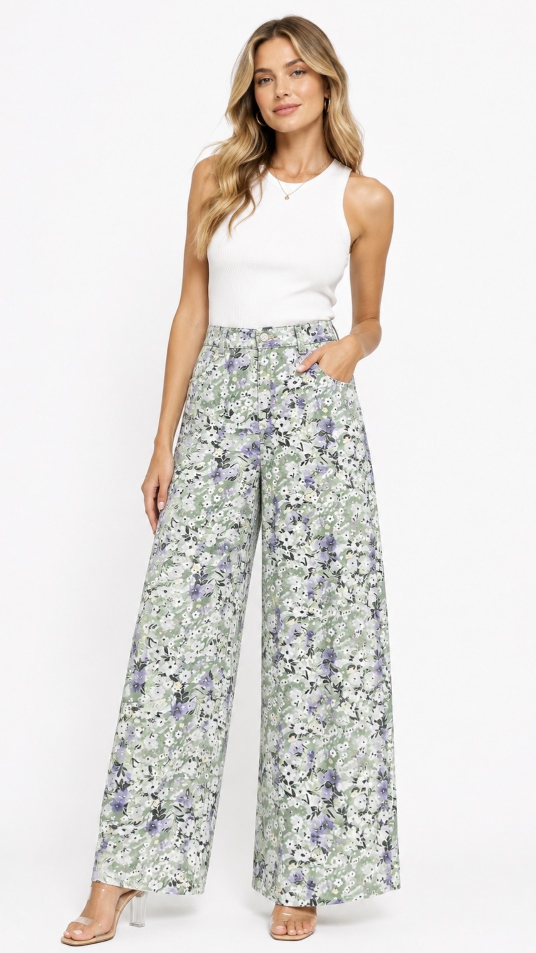 Pantalón Mezclilla Floral Verde
