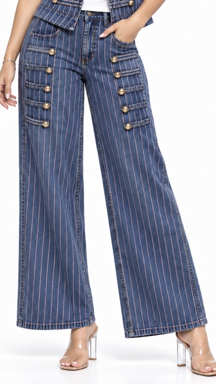 Jean Wide Leg Rayas con Botones Dorados
