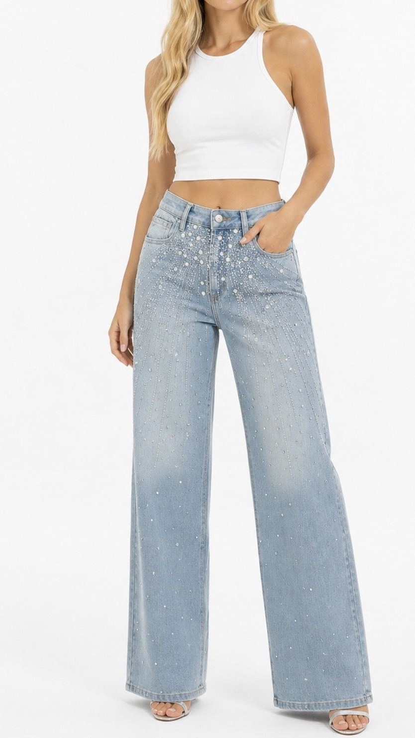 Jean Wide Leg Celeste con Brillos