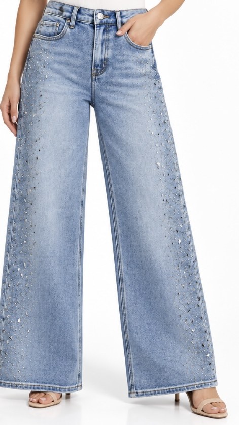Jean Wide Leg Celeste con Cristales