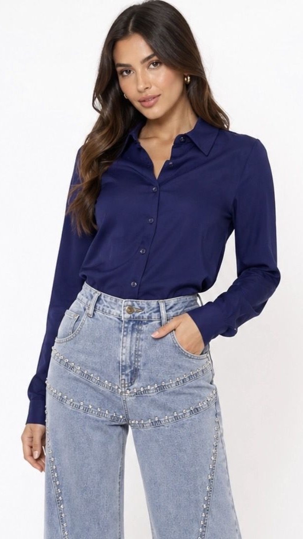 Camisa Satín Azul Marino