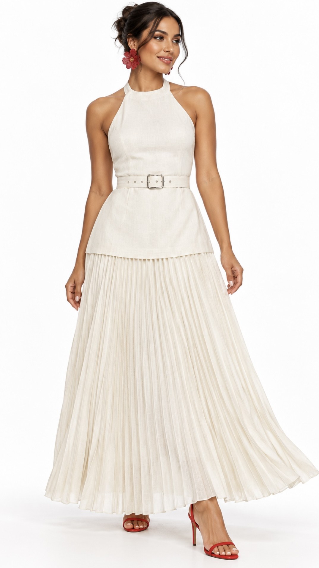 Vestido Largo Plisado Crema