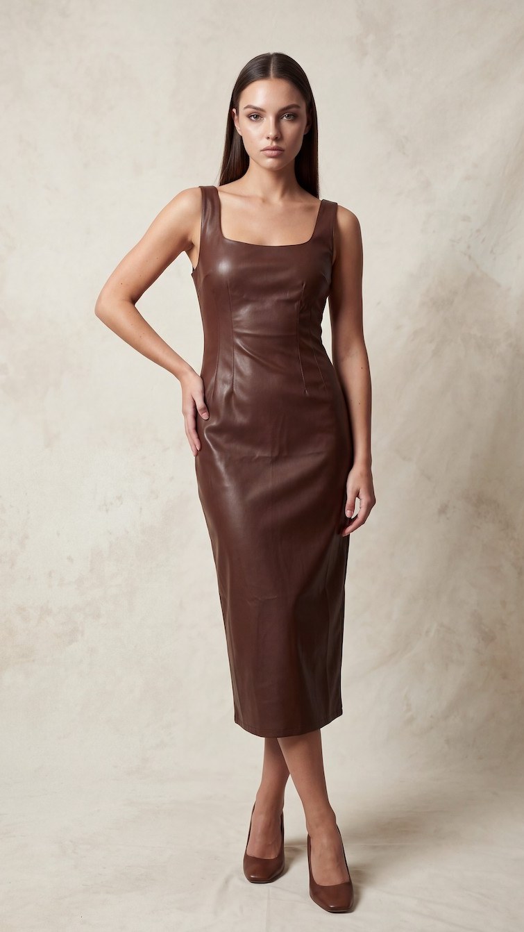 Vestido Cuero Sintético Café