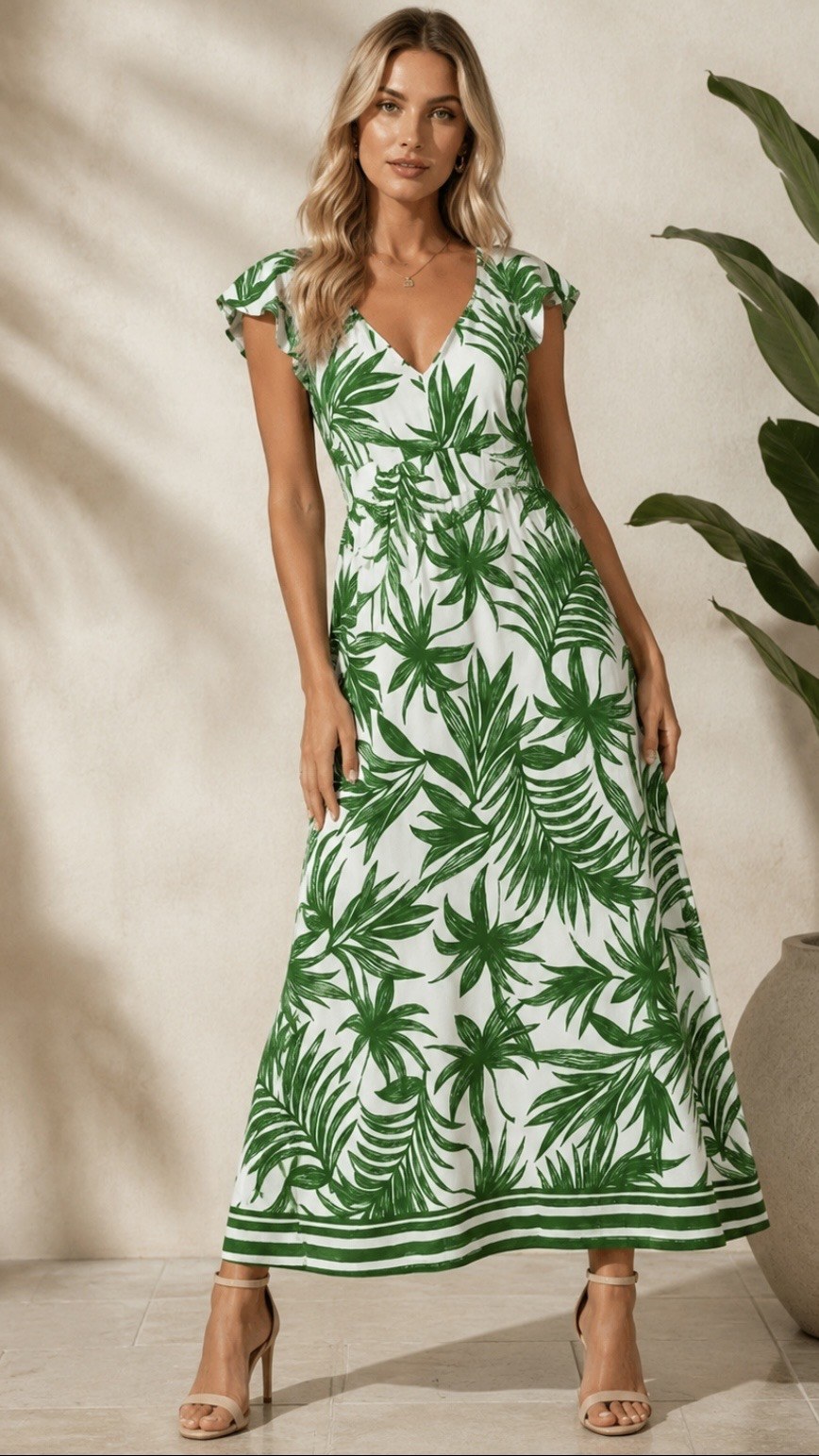 Vestido Largo Hojas Verde